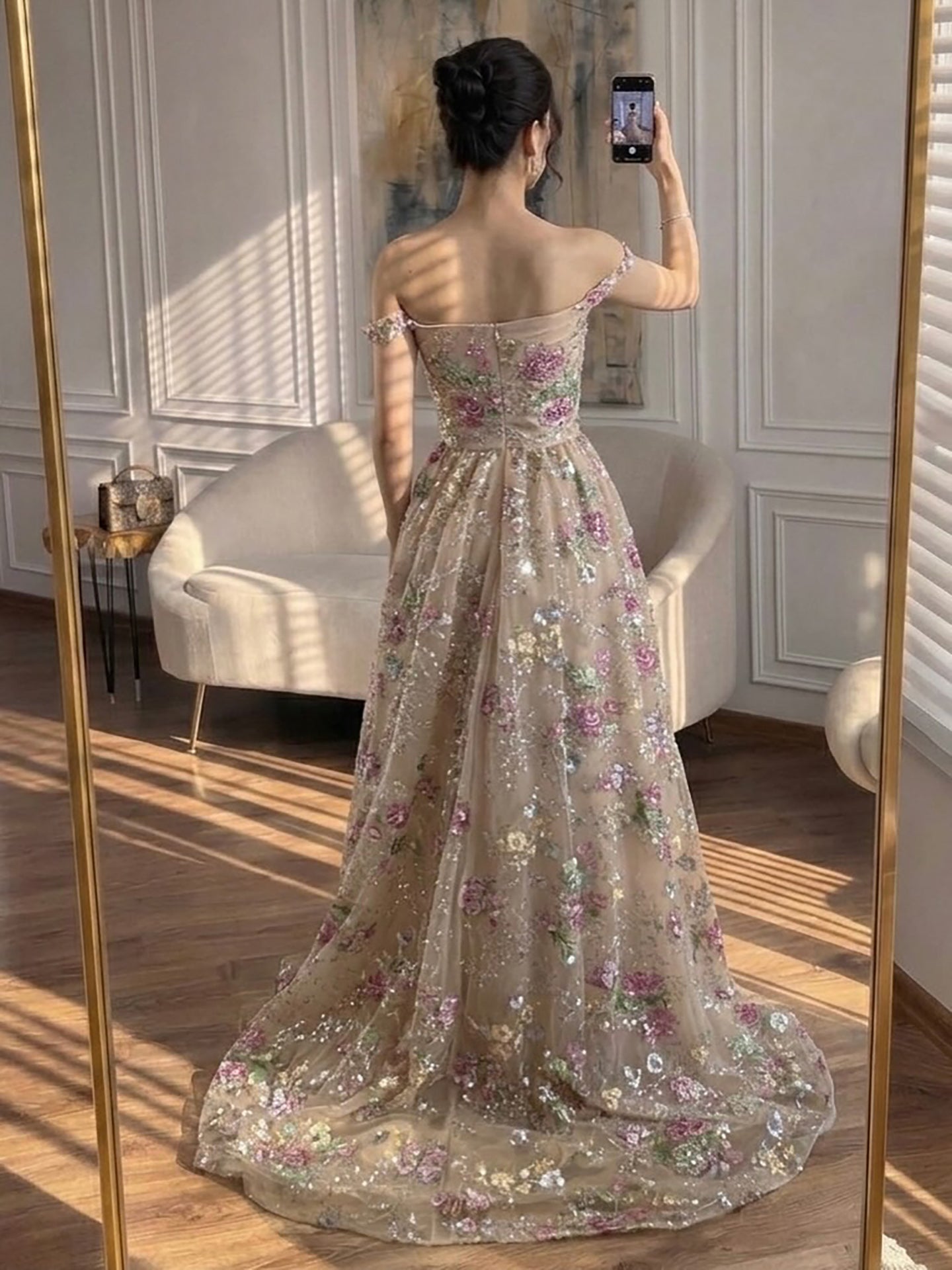 Luxury Nude Pink Off-Shoulder Floral Evening Dress LA73552K SERENE HILL