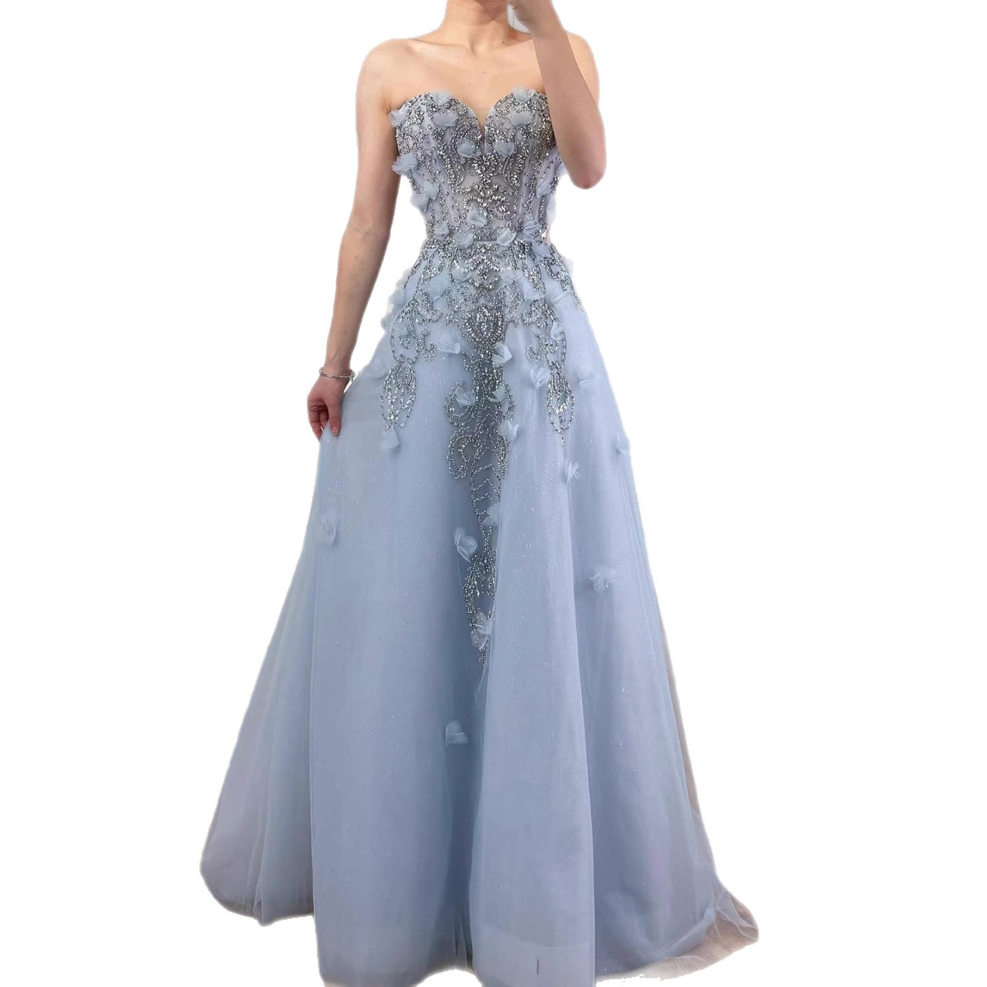 Luxury Blue Strapless 3D Flower Beaded A-Line Prom Dress LA73553 - SERENE  HILL