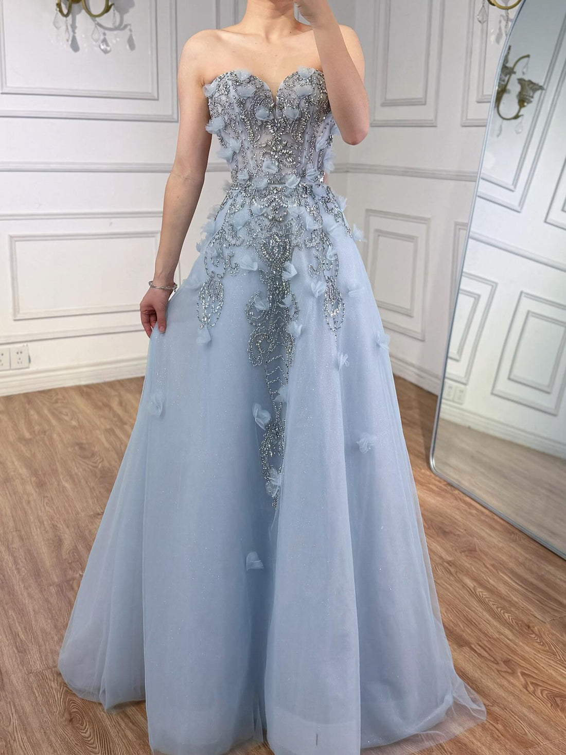 Luxury Blue Strapless 3D Flower Beaded A-Line Prom Dress LA73553 - SERENE  HILL