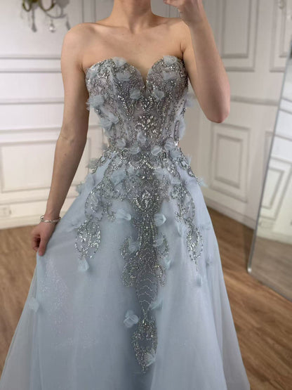 Luxury Blue Strapless 3D Flower Beaded A-Line Prom Dress LA73553 - SERENE  HILL