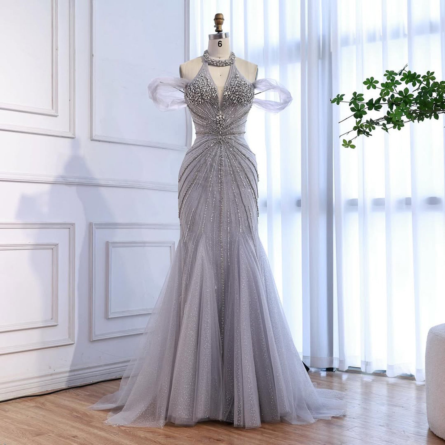 Luxury Gray Off The Shoulder Feather Beaded Mermaid Evening Dress LA73554