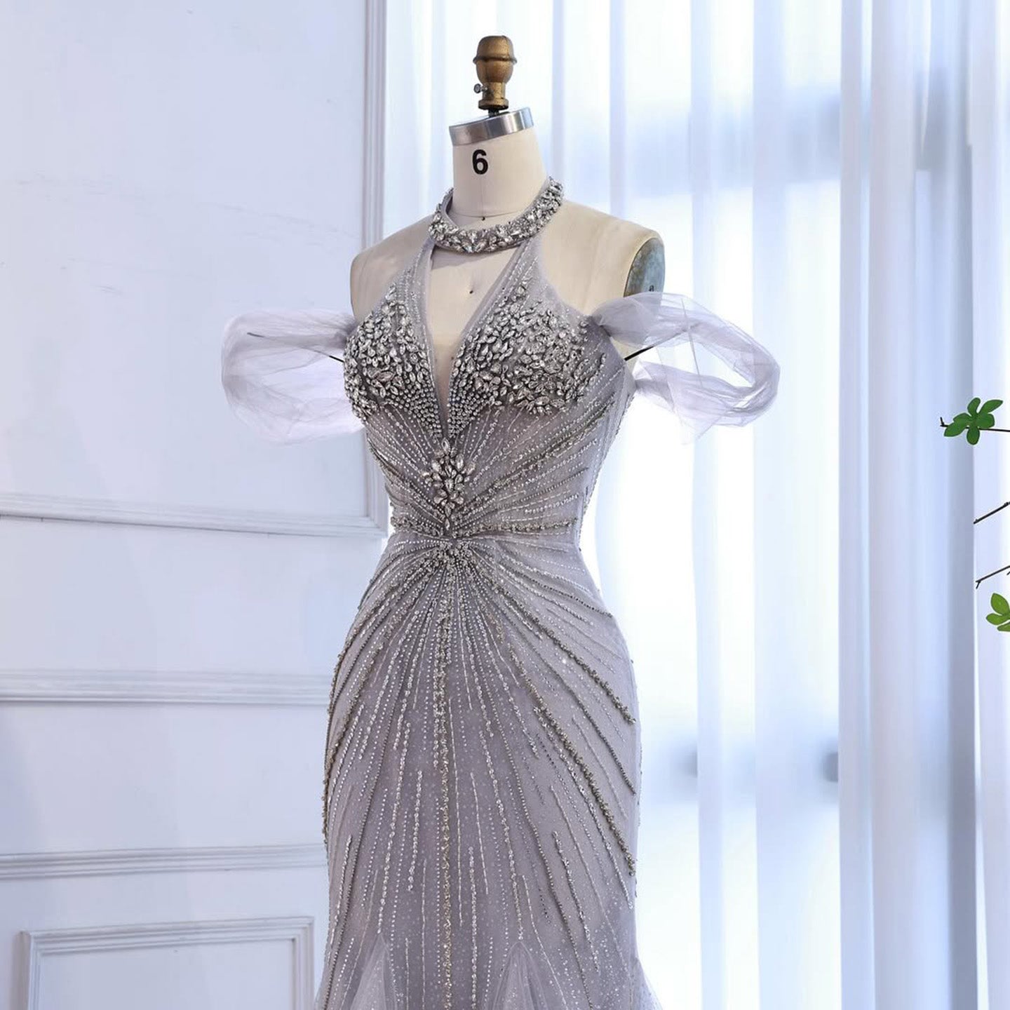 Luxury Gray Off The Shoulder Feather Beaded Mermaid Evening Dress LA73554