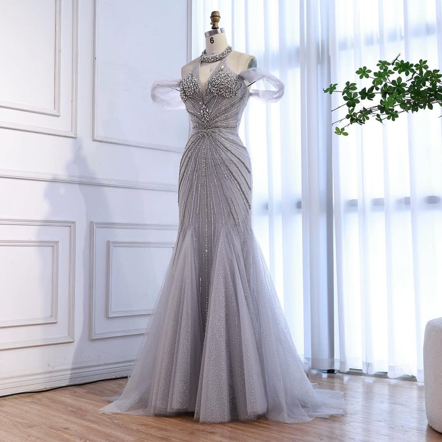 Luxury Gray Off The Shoulder Feather Beaded Mermaid Evening Dress LA73554