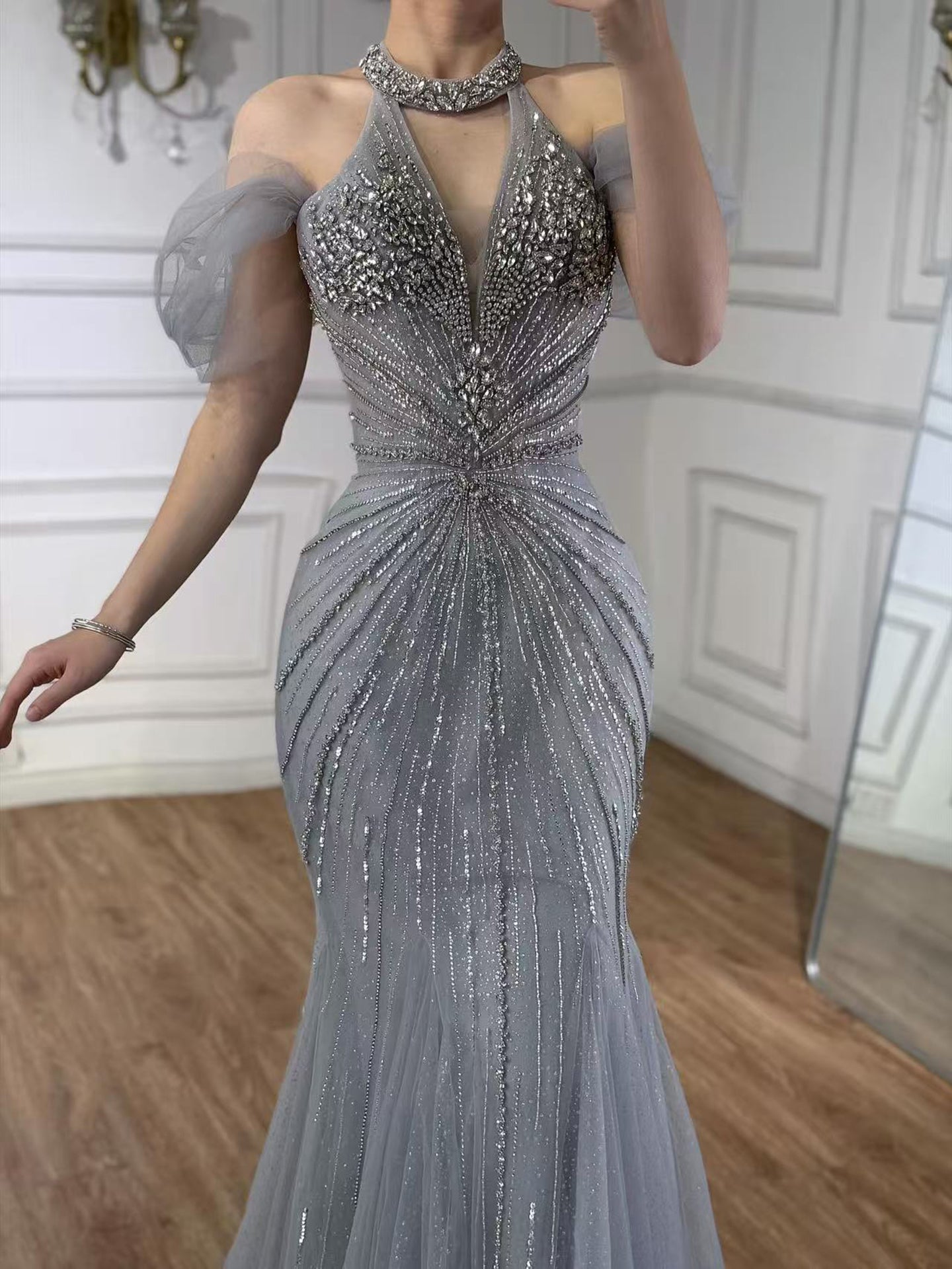 Luxury Gray Off The Shoulder Feather Beaded Mermaid Evening Dress LA73554