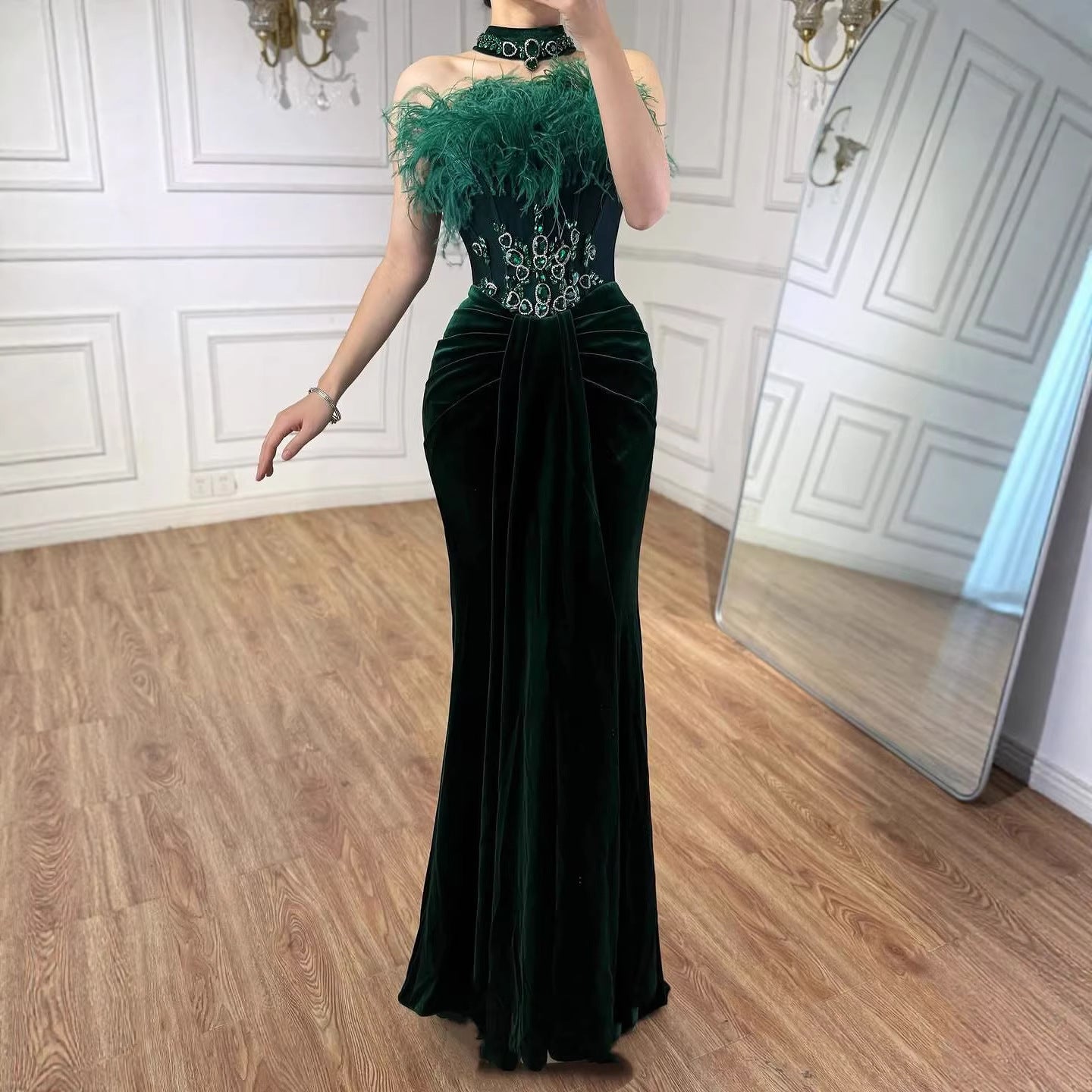 Luxury Green Feather Strapless Beaded Mermaid Prom Dress LA73555 Green / 6