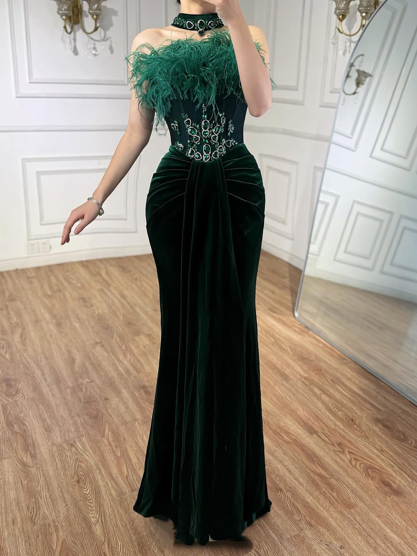 Luxury Green Feather Strapless Beaded Mermaid Prom Dress LA73555 Green / 6