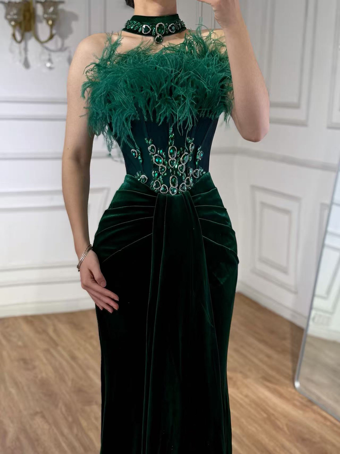 Luxury Green Feather Strapless Beaded Mermaid Prom Dress LA73555