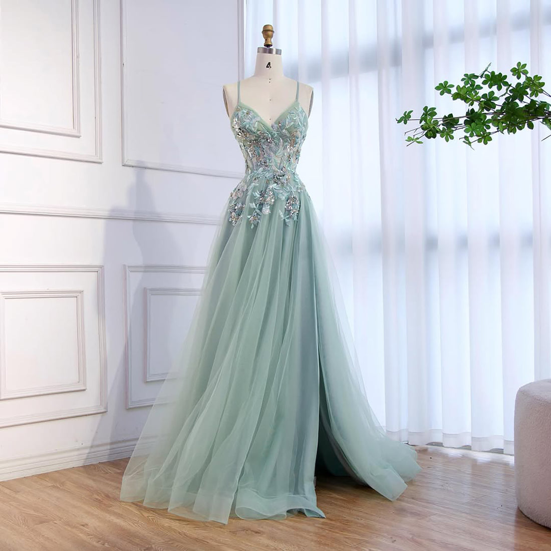 Elegant Sage Green Spaghetti Strap A Line Beaded Evening Prom Dress LA73556