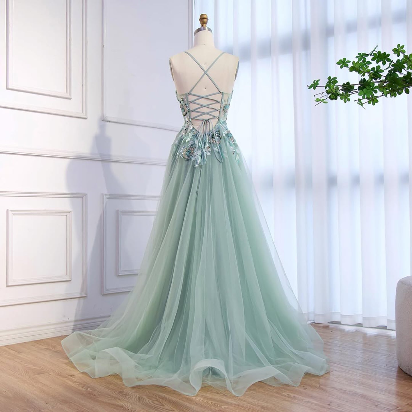 Elegant Sage Green Spaghetti Strap A Line Beaded Evening Prom Dress LA73556