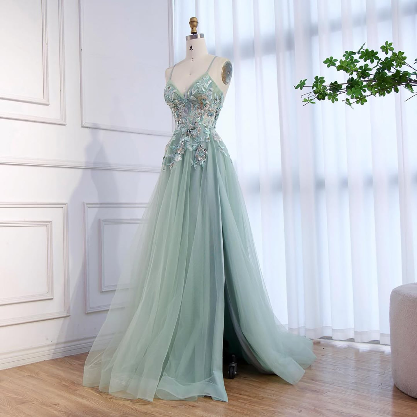 sage green spaghetti strap dress Zapaka Women Sage Prom Dress with Appliques A-Line Spaghetti Straps Tulle Long Formal Dress ZAPAKA