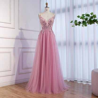 Dubai Pink Spaghetti Strap Flower A Line Beaded Evening Prom Dress LA73557