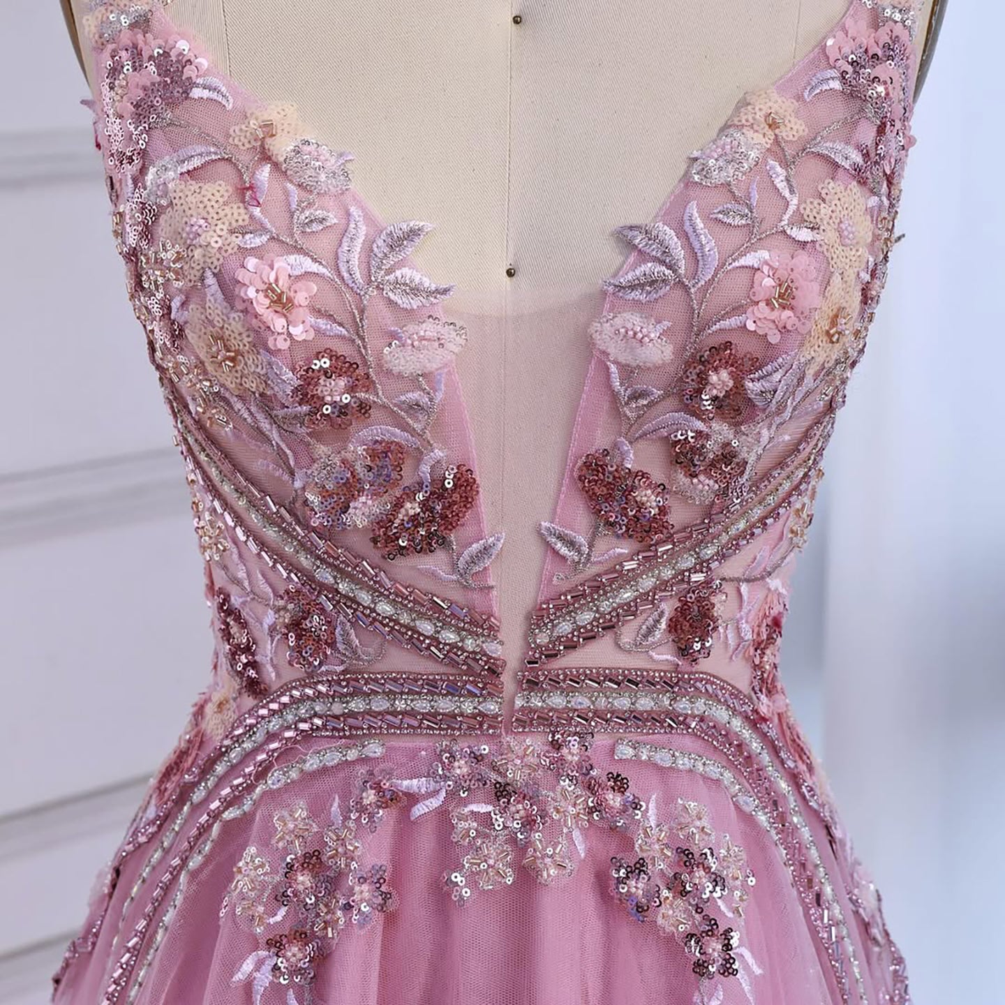 Dubai Pink Spaghetti Strap Flower A Line Beaded Evening Prom Dress LA73557