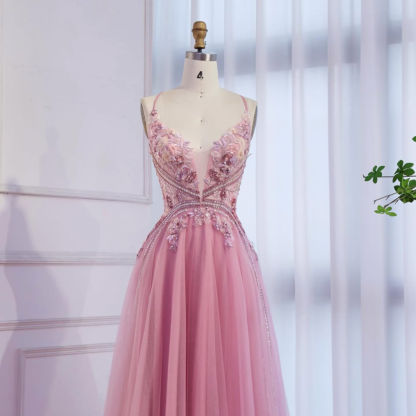 Dubai Pink Spaghetti Strap Flower A Line Beaded Evening Prom Dress LA73557