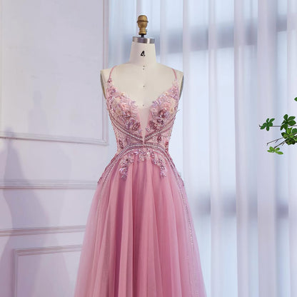 Dubai Pink Spaghetti Strap Flower A Line Beaded Evening Prom Dress LA73557