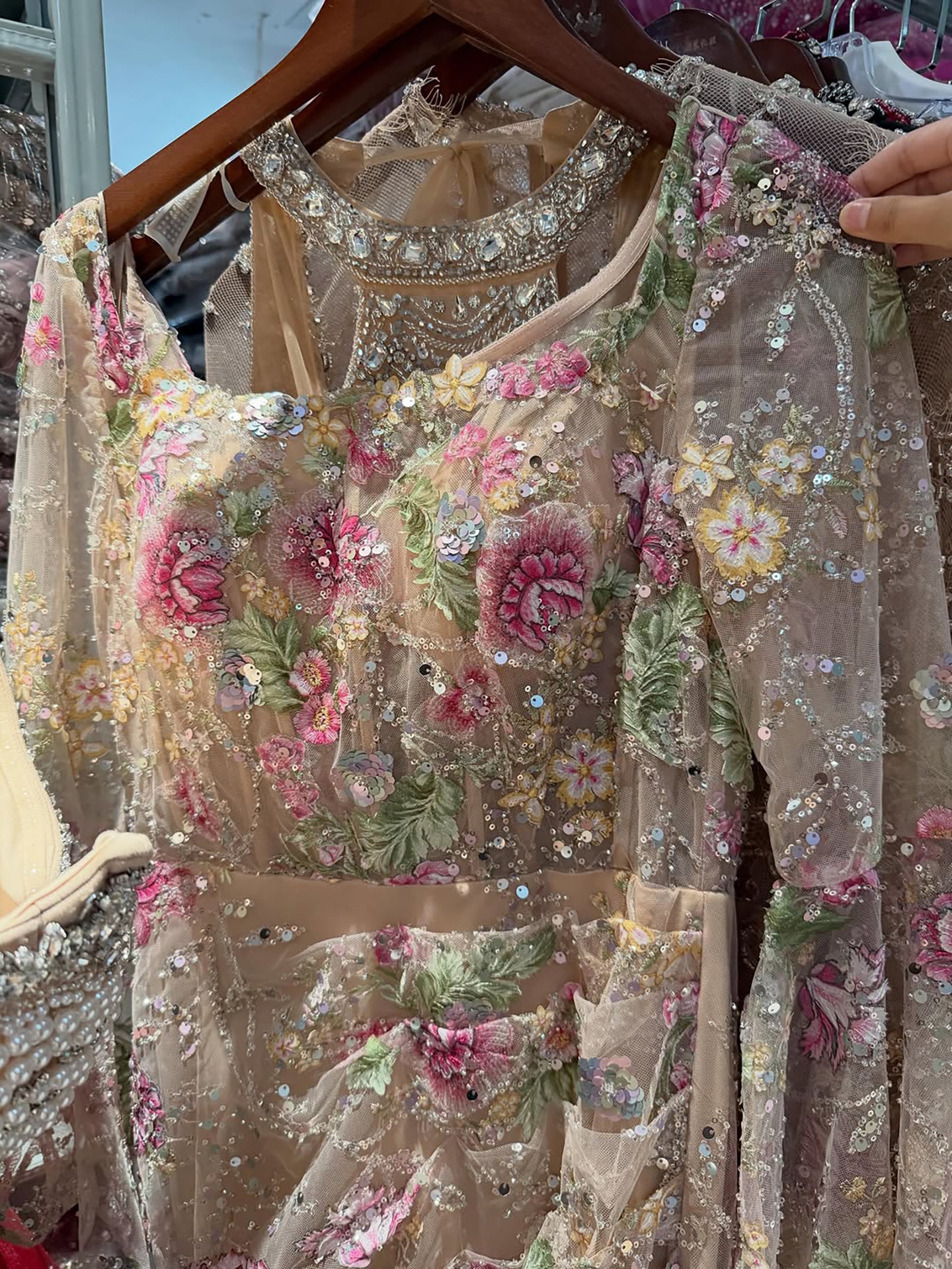 Luxury Nude Pink Floral Beaded Mermaid Evening Dress Long Sleeves LA73552B SERENE HILL