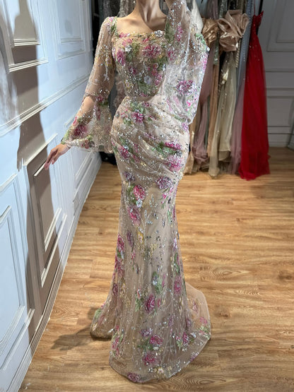 Luxury Nude Pink Floral Beaded Mermaid Evening Dress Long Sleeves LA73552B SERENE HILL