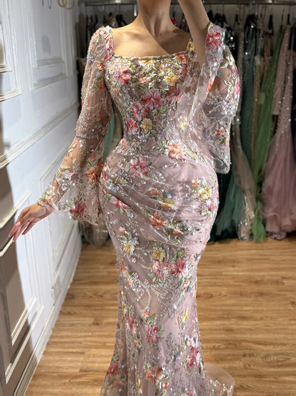 Luxury Nude Pink Floral Beaded Mermaid Evening Dress Long Sleeves LA73552B SERENE HILL