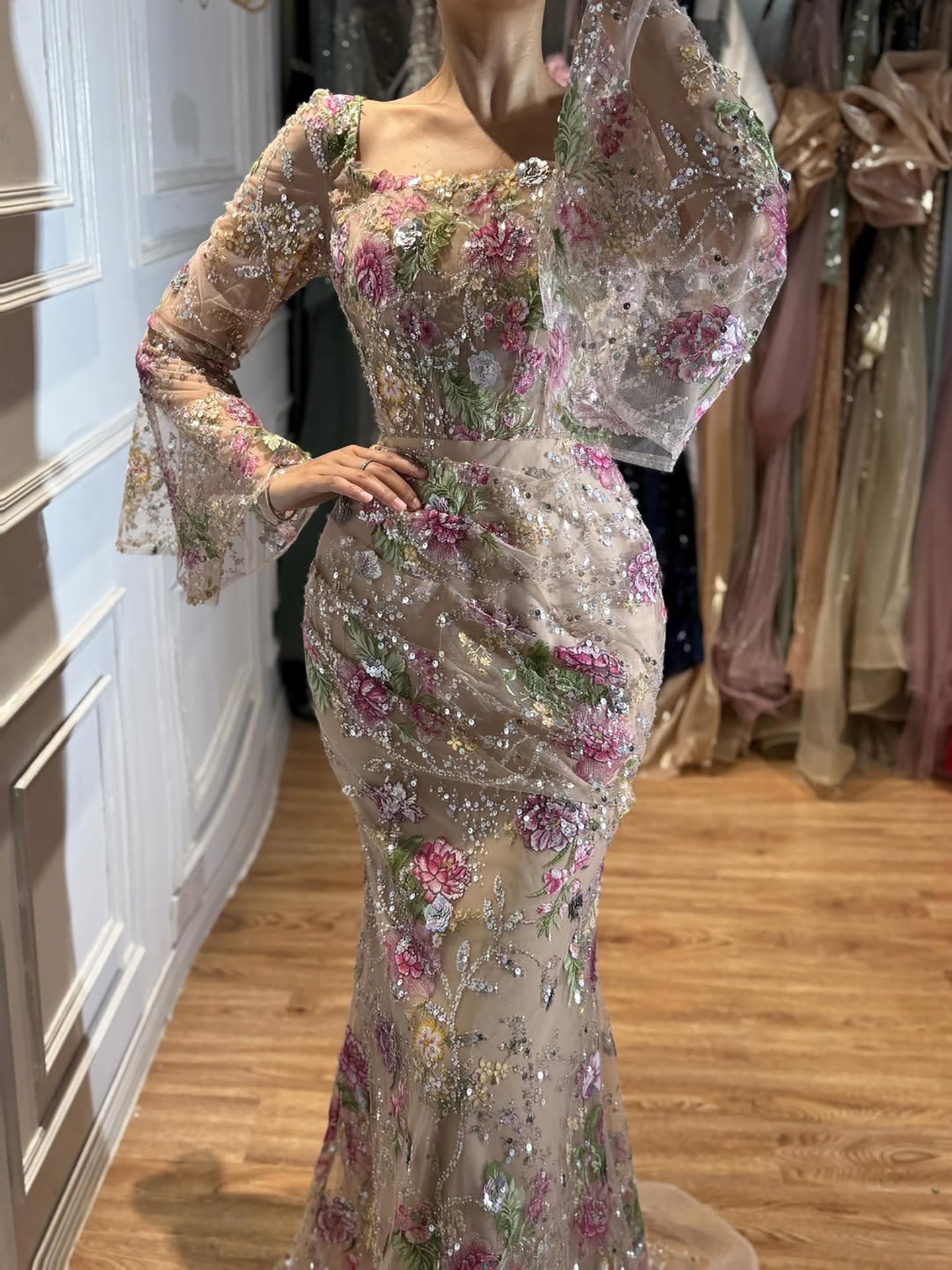 Luxury Nude Pink Floral Beaded Mermaid Evening Dress Long Sleeves LA73552B SERENE HILL