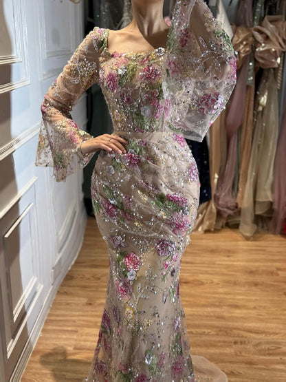 Luxury Nude Pink Floral Beaded Mermaid Evening Dress Long Sleeves LA73552B SERENE HILL