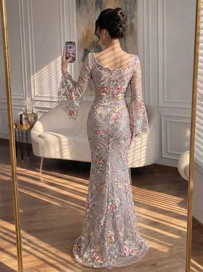 Luxury Nude Pink Floral Beaded Mermaid Evening Dress Long Sleeves LA73552B SERENE HILL