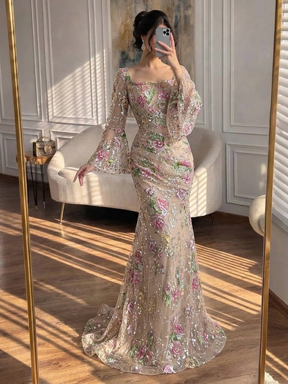 Luxury Nude Pink Floral Beaded Mermaid Evening Dress Long Sleeves LA73552B SERENE HILL