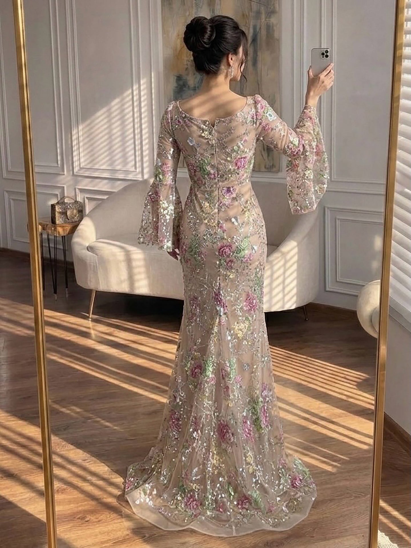 Luxury Nude Pink Floral Beaded Mermaid Evening Dress Long Sleeves LA73552B SERENE HILL