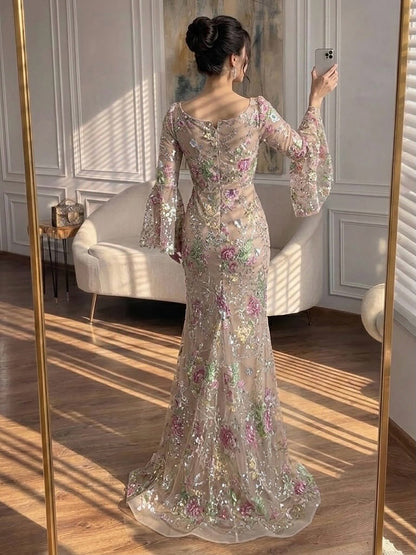 Luxury Nude Pink Floral Beaded Mermaid Evening Dress Long Sleeves LA73552B SERENE HILL