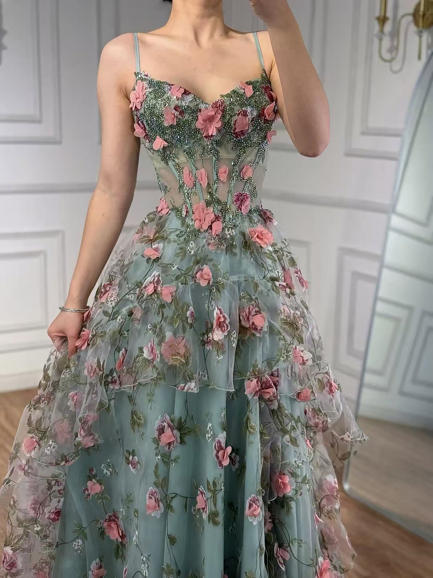 Luxury Sage Green 3D Floral Beaded A-Line Prom Dress LA73560 SERENE HILL Luxury Sage Green 3D Floral Beaded A-Line Prom Dress LA73560 SERENE HILL