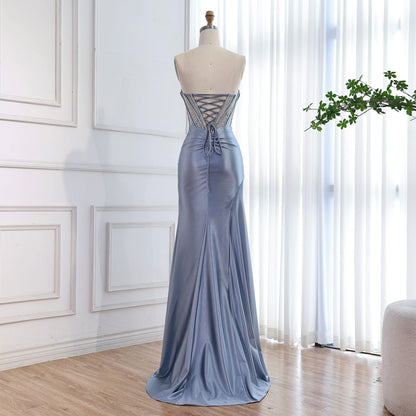 Luxury Red Satin Mermaid Prom Dress High Split LA73564