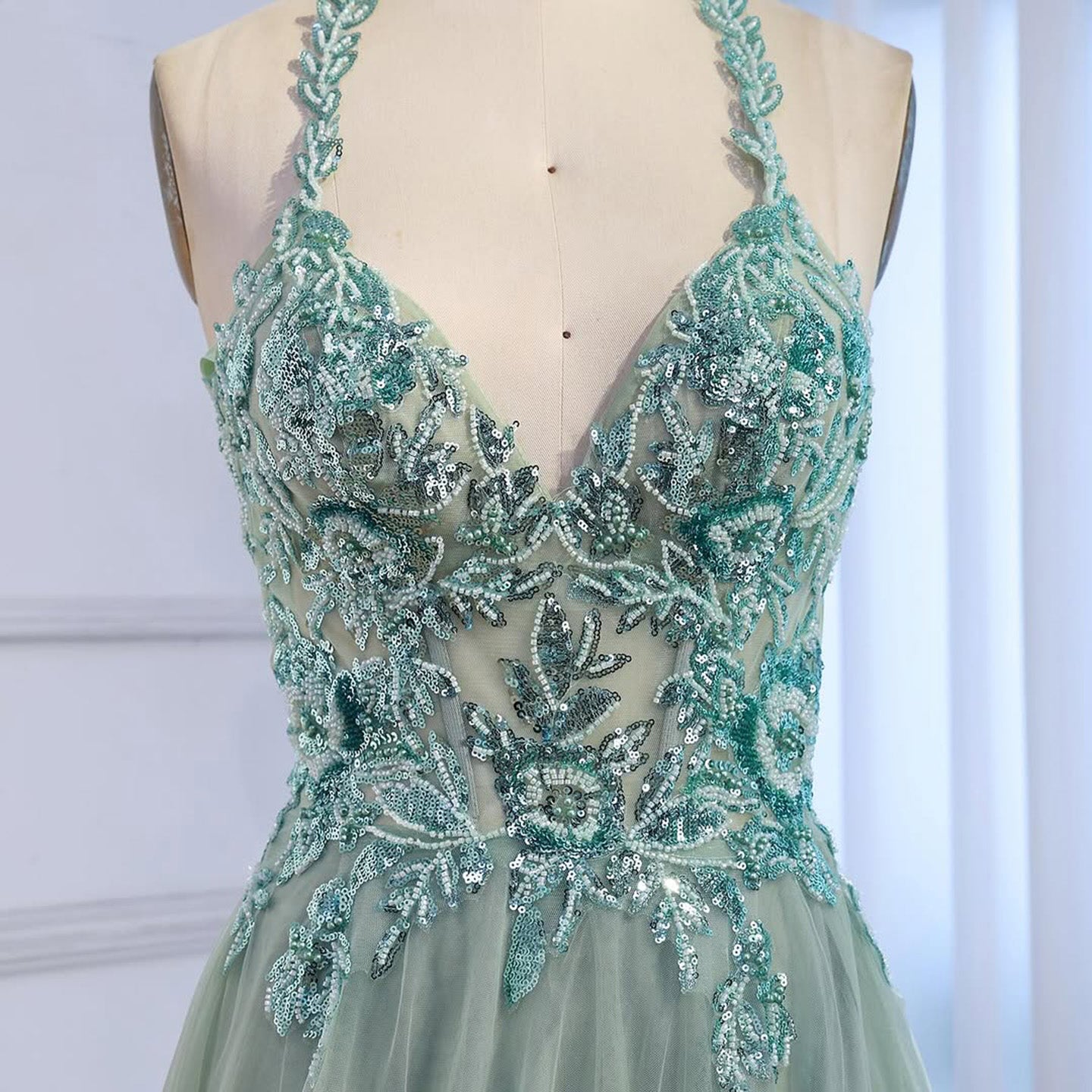 Luxury Sage Green Beaded Appliques A Line Evening Dress LA73568