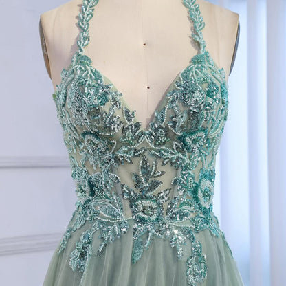 Luxury Sage Green Beaded Appliques A Line Evening Dress LA73568