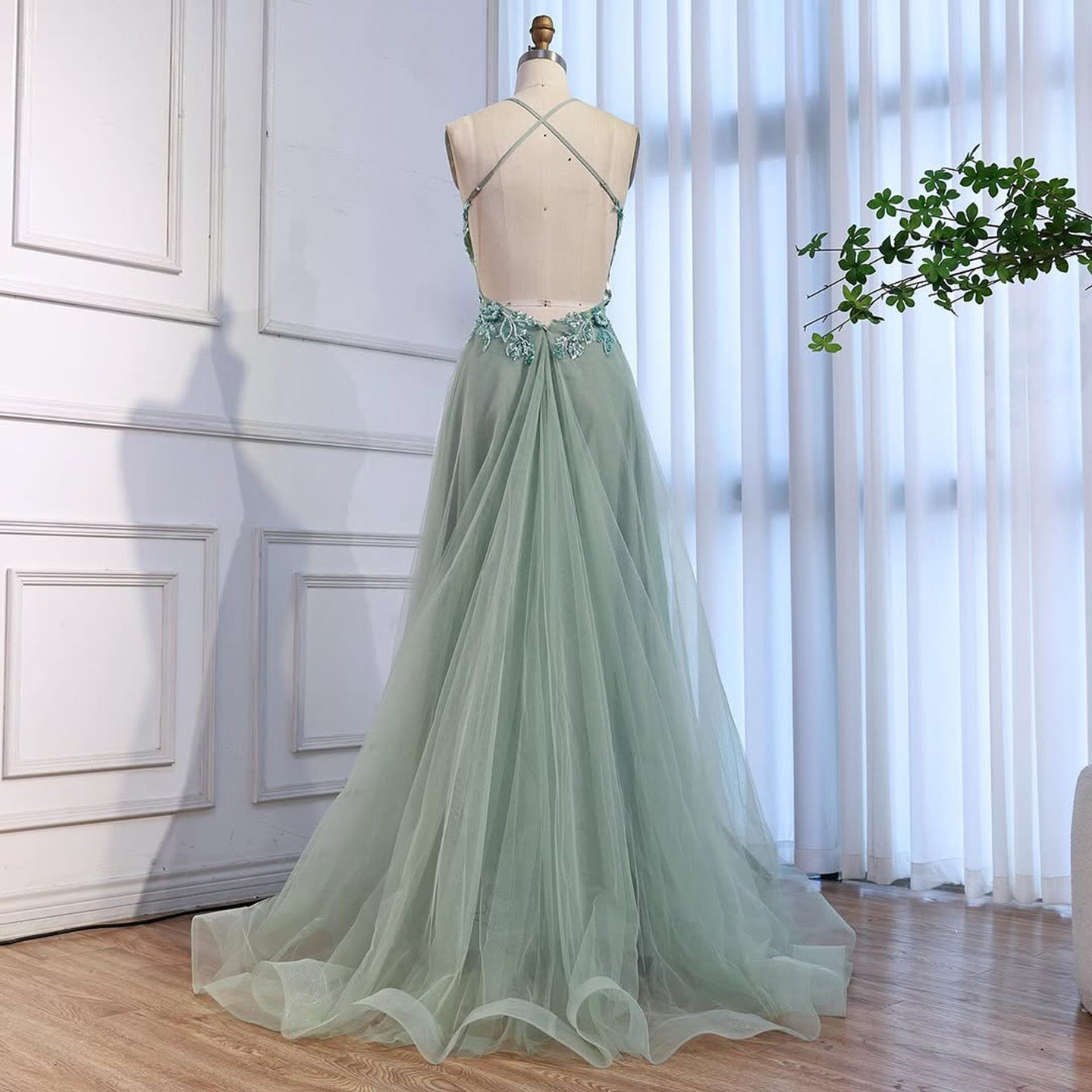 Luxury Sage Green Beaded Appliques A Line Evening Dress LA73568