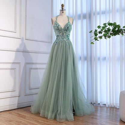 Luxury Sage Green Beaded Appliques A Line Evening Dress LA73568