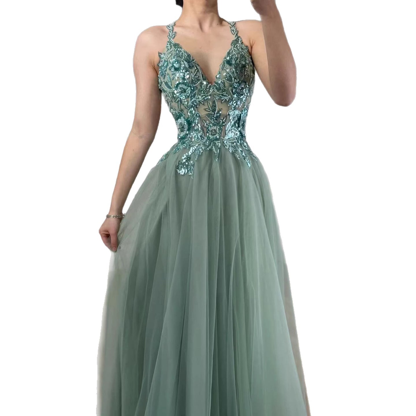 Luxury Sage Green Beaded Appliques A Line Evening Dress LA73568