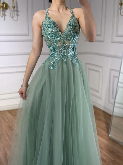 Luxury Sage Green Beaded Appliques A Line Evening Dress LA73568
