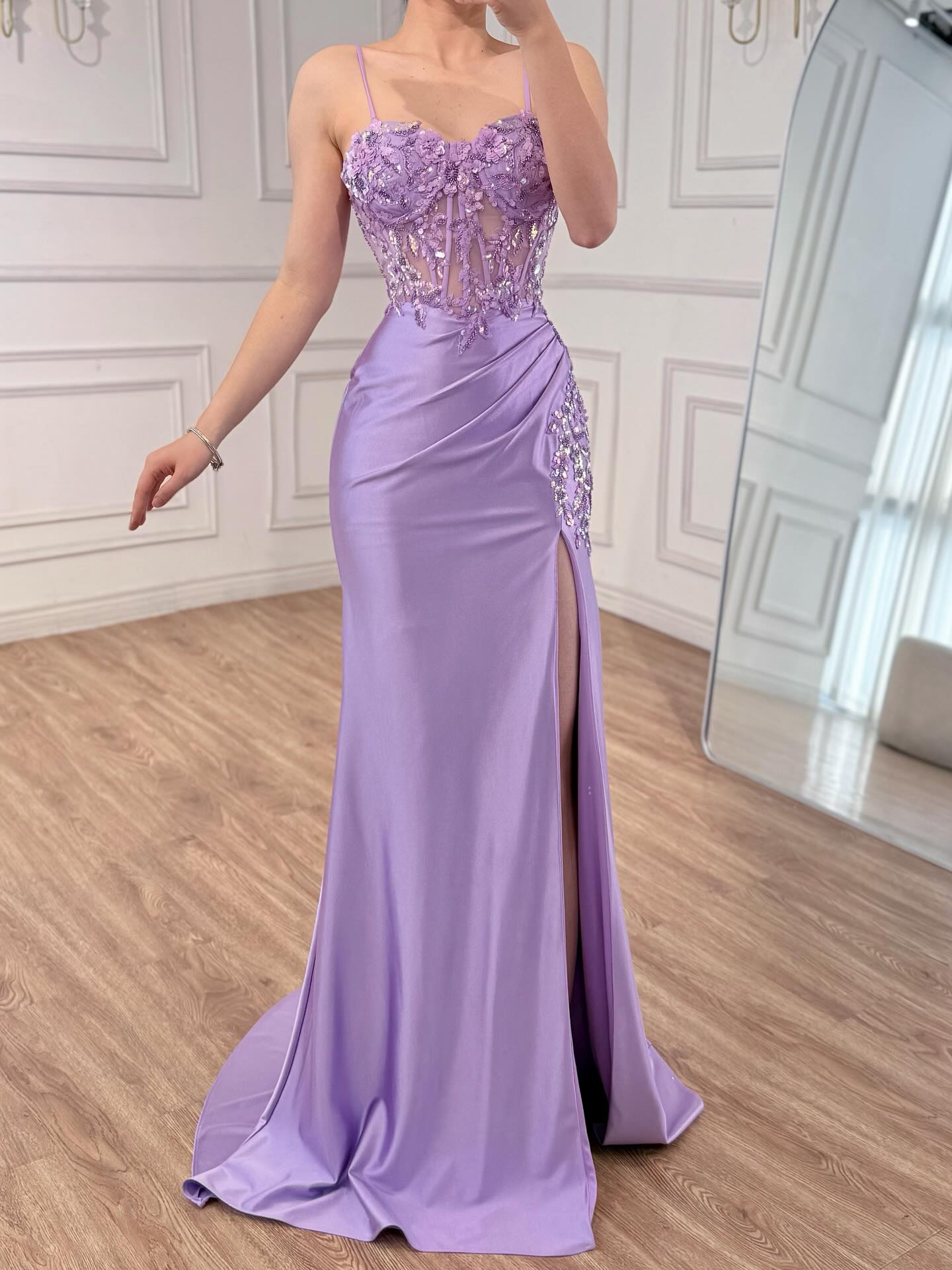 Lilac Satin Mermaid Prom Dress with Beaded High Split Serene Hill Lilac / 2 Lilac Satin Mermaid Prom Dress with Beaded High Split Serene Hill Lilac / 2