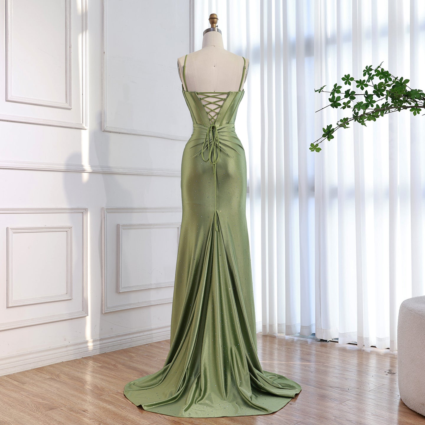 olive green silk prom dress A-Line Puff Sleeves Olive Green Satin Long Prom Dress, Olive Green Long Formal Dress US 2 / Custom Color