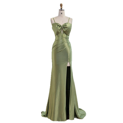 Luxury Olive Green Prom Dress with Bow Rhinestone High Split LA73573