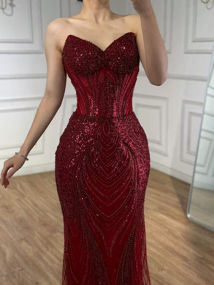 Luxury Green Beaded Mermaid Strapless Evening Dress LA73577