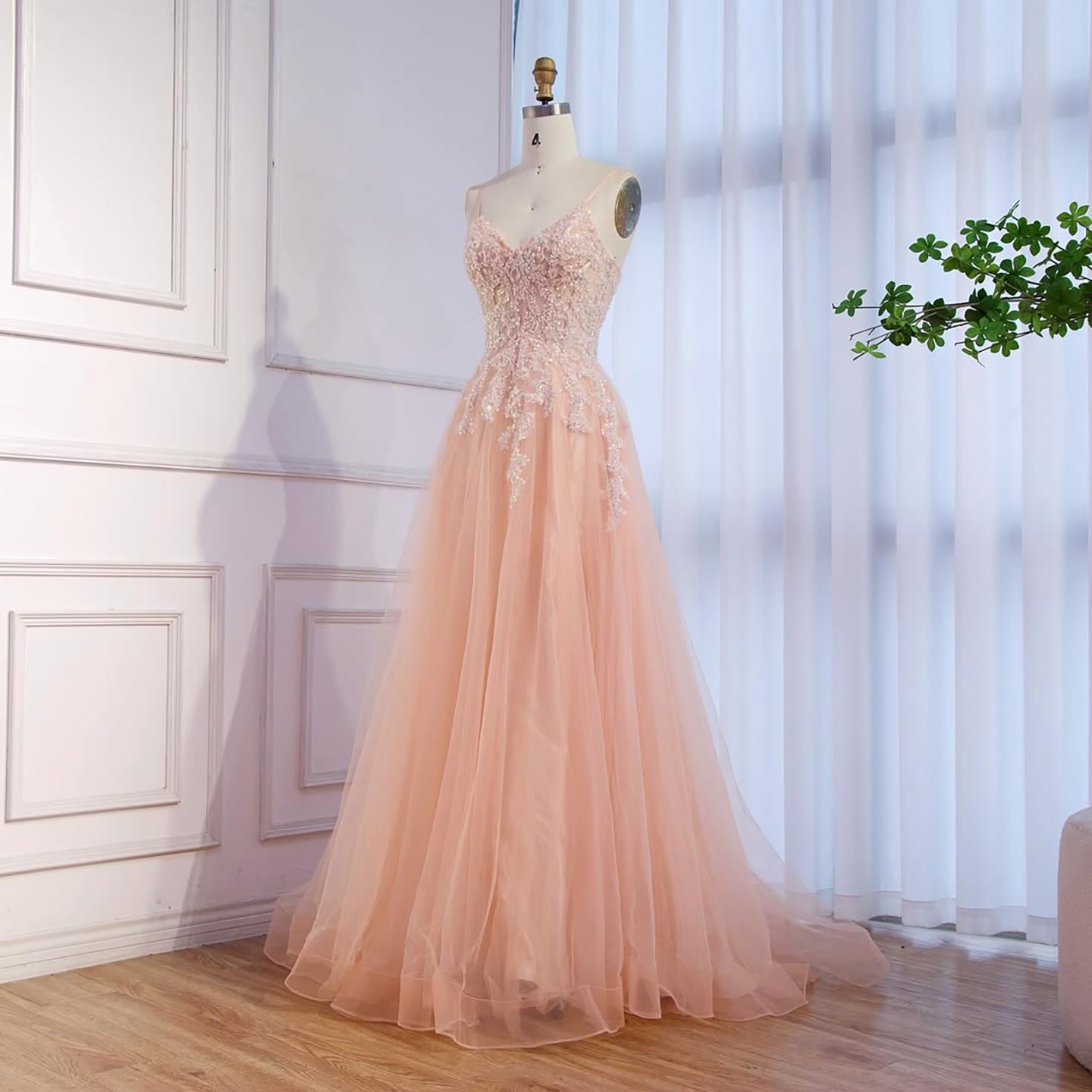 Luxury Peach Beaded Appliques A-Line Prom Dress LA73578 Peach / 2 Luxury Peach Beaded Appliques A-Line Prom Dress LA73578 Peach / 2