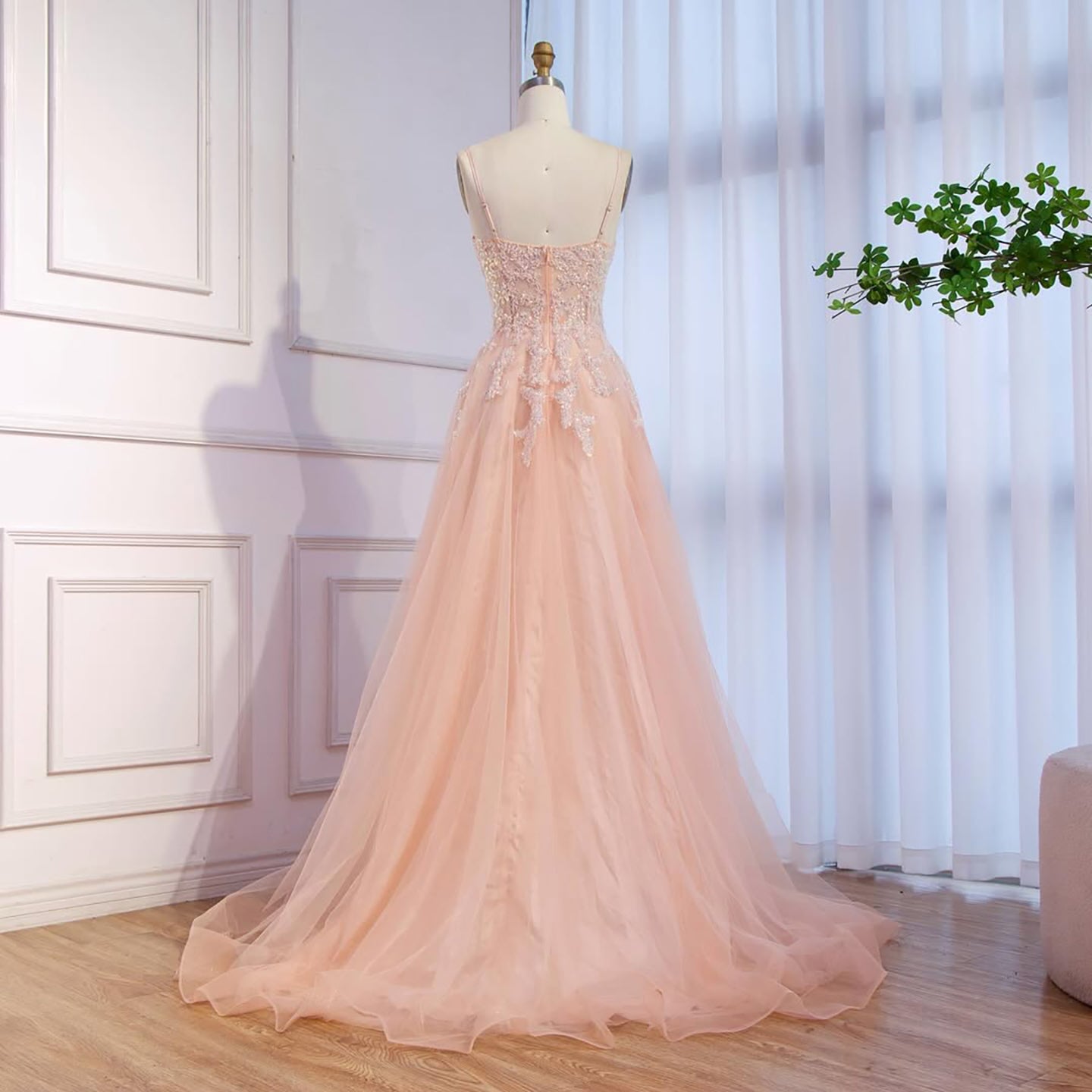 Luxury Peach Beaded Appliques A-Line Prom Dress LA73578 Peach / 2 Luxury Peach Beaded Appliques A-Line Prom Dress LA73578 Peach / 2