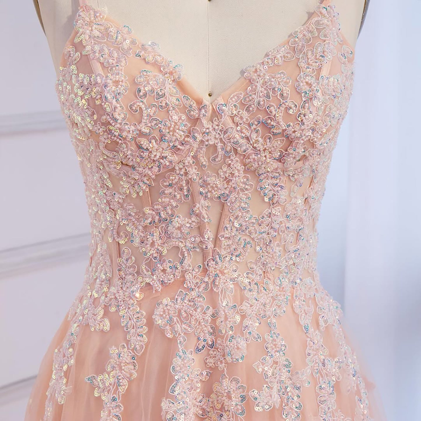 peach beaded prom dress Short Sleeves Long Prom Dresses, Peach Tulle Rhinestone Beaded Prom Dresses, Long Prom Dresses