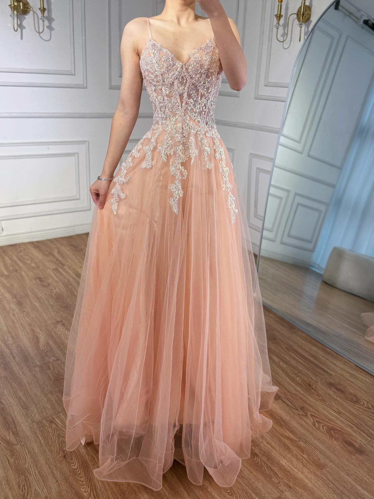 peach lace prom dress MACloth Straps V Neck Lace Organza Long Prom Dress Peach Formal Evening Gown Peach / Above Knee / Custom Size