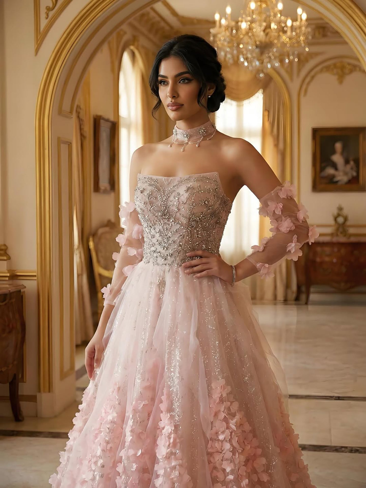 pink crystal wedding dress Pink Rhinestone Chapel Feather Train Mermaid Prom Dress