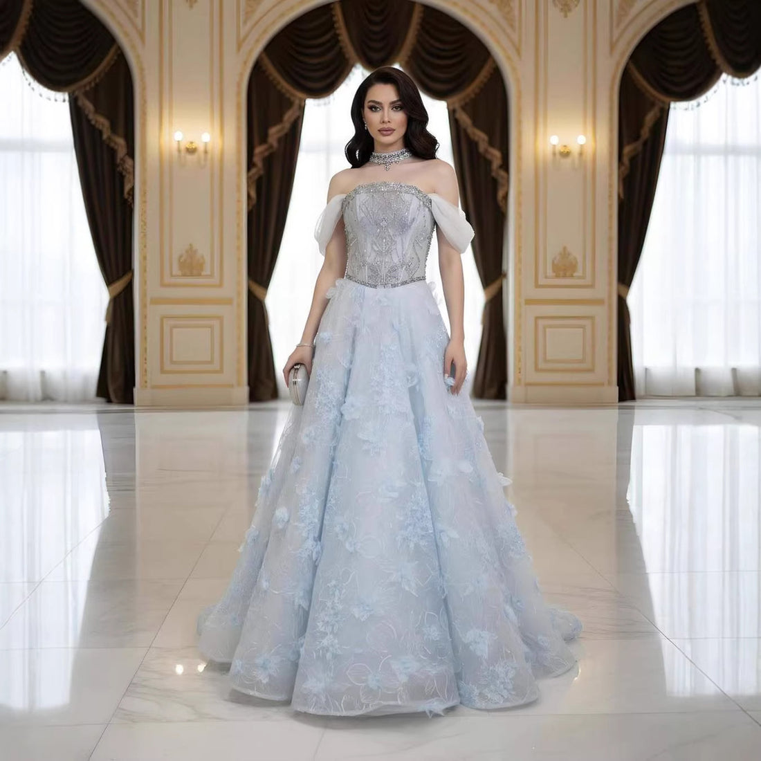 Luxury Blue Beaded 3D Floral Off Shoulder A Line Evening Dress LA73580