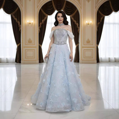 Luxury Blue Beaded 3D Floral Off Shoulder A Line Evening Dress LA73580