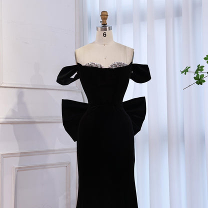 Luxury Black Off Shoulder Mermaid Evening Dress with Bow LA73581