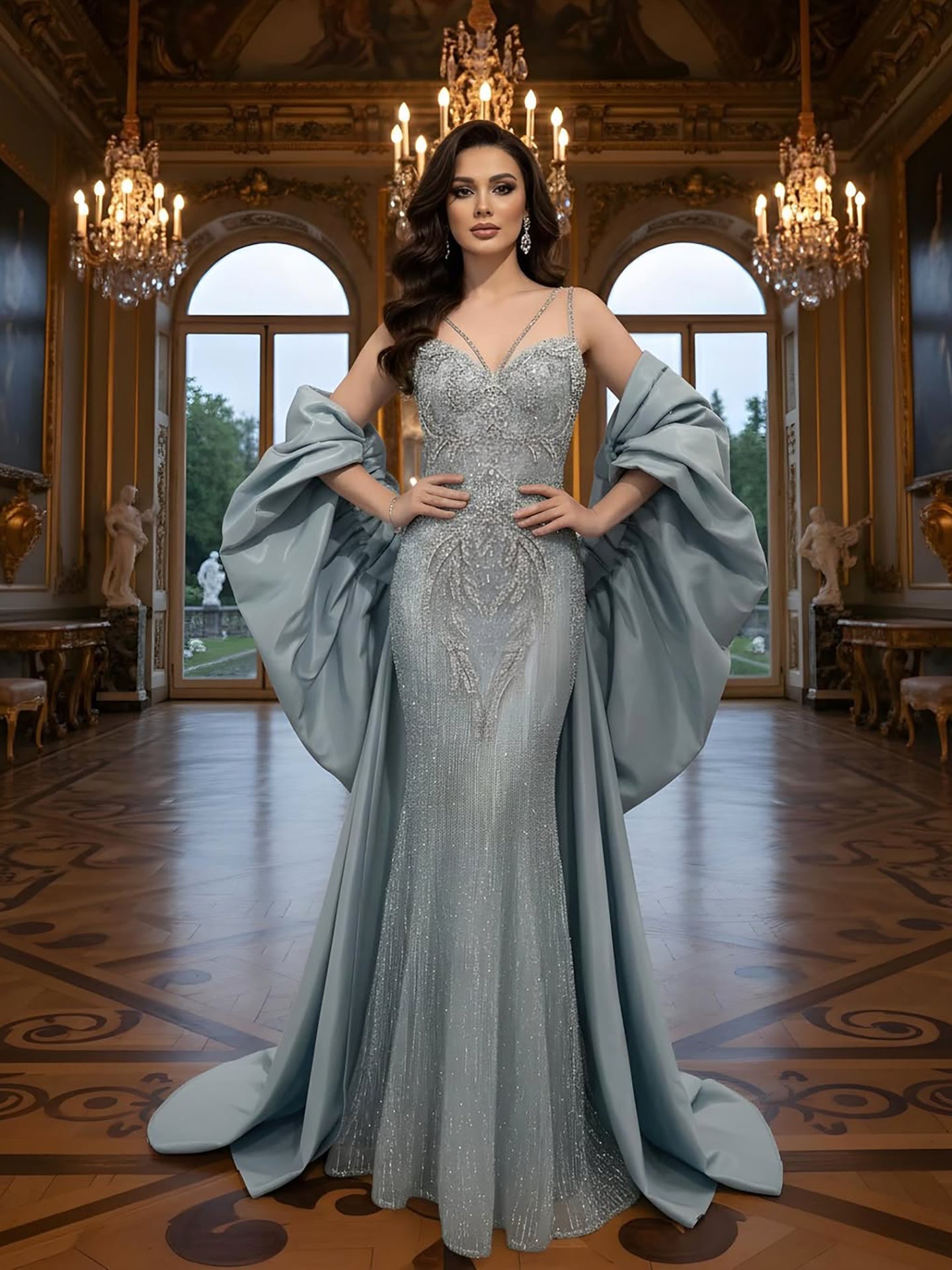 Luxury Turquoise Beaded Mermaid Evening Dress With Cape LA73582 - SERENE  HILL
