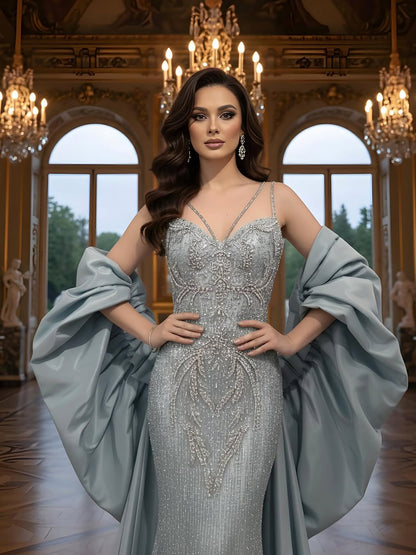 Luxury Turquoise Beaded Mermaid Evening Dress With Cape LA73582 - SERENE  HILL