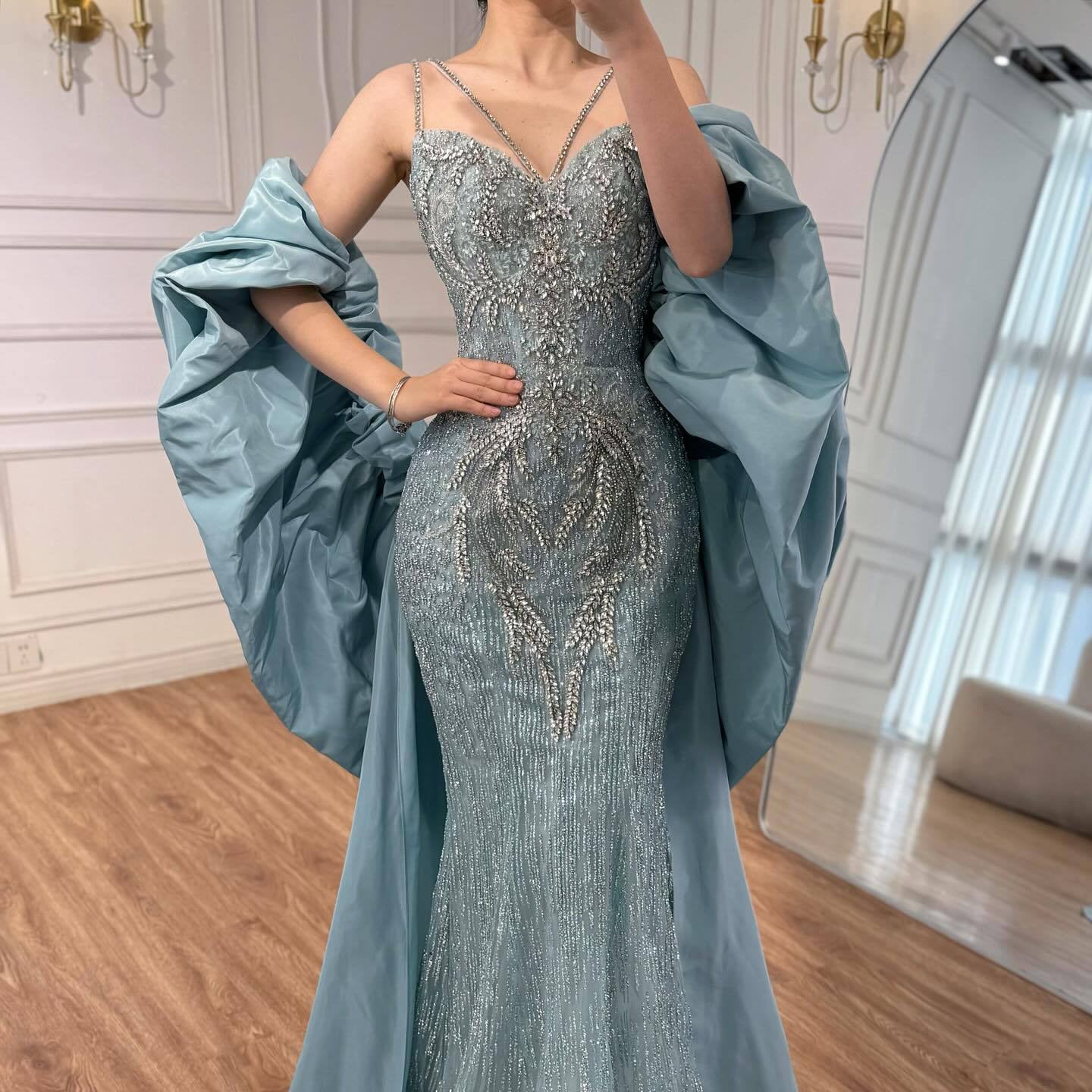 Luxury Turquoise Beaded Mermaid Evening Dress With Cape LA73582 - SERENE  HILL